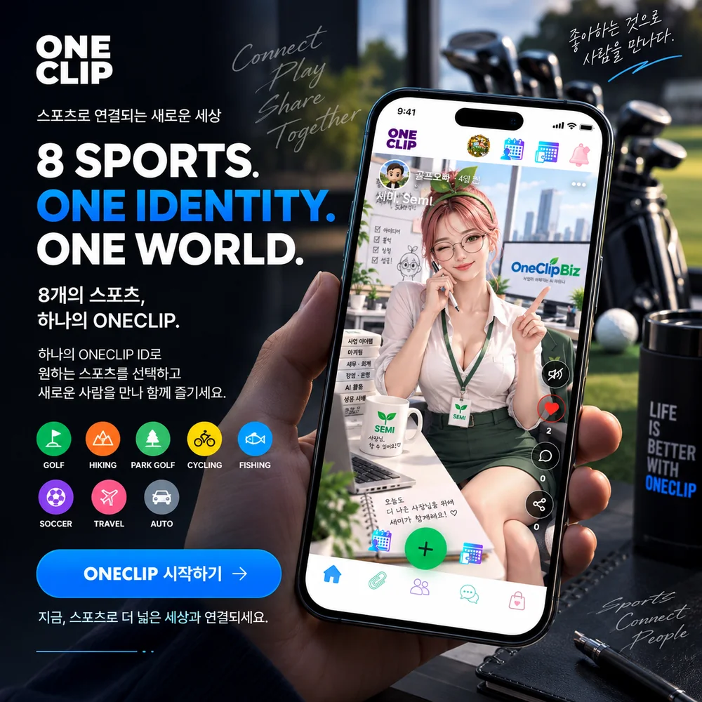 ONECLIP 앱을 사용하는 모습과 8개 스포츠 서비스를 보여주는 소개 이미지