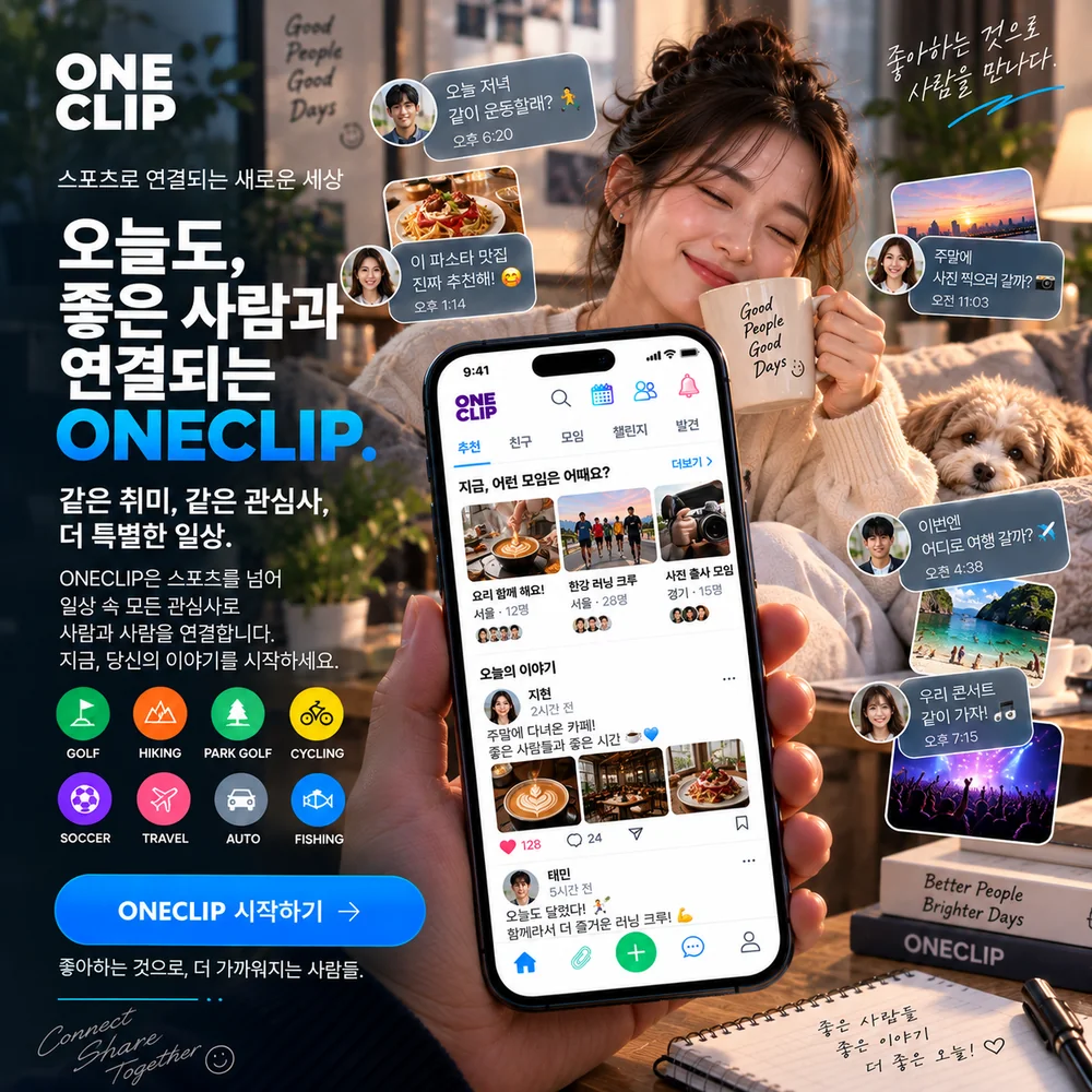 ONECLIP에서 모임과 관심사를 찾는 화면